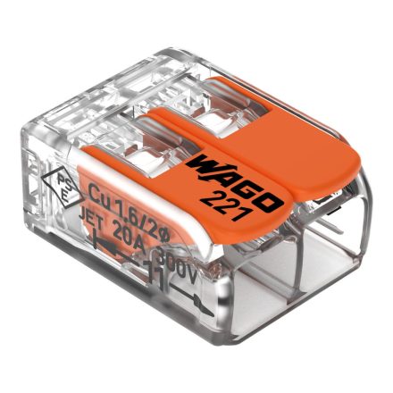 WAGO 221-412 vezetékösszekötő, 2 x 0,2–4 mm² tömör és sodrott vezetékhez, lapos, oldható kivitel, átlátszó ház