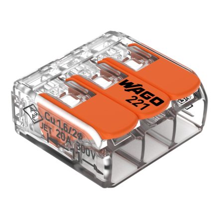 WAGO 221-413 vezetékösszekötő, 3 x 0,2–4 mm², CAGE CLAMP®, karos, átlátszó ház, oldható, lapos kivitel