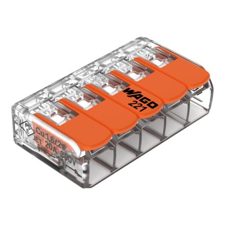 Wago 221-415 vezetékösszekötő, 5 x 0,2–4 mm², tömör és sodrott vezetékhez, oldható, lapos kivitel, átlátszó ház