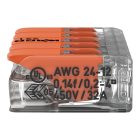 Wago 221-415 vezetékösszekötő, 5 x 0,2–4 mm², tömör és sodrott vezetékhez, oldható, lapos kivitel, átlátszó ház