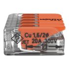 Wago 221-415 vezetékösszekötő, 5 x 0,2–4 mm², tömör és sodrott vezetékhez, oldható, lapos kivitel, átlátszó ház