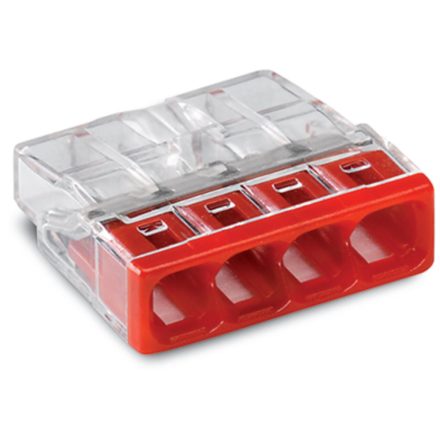 WAGO PUSH WIRE® 2273-204 vezetékösszekötő, nem oldható, 4 x 0,5–2,5 mm²-es tömör vezetékhez, piros fedéllel, átlátszó házzal. 