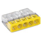 WAGO PUSH WIRE® 2273-205 nem oldható vezetékösszekötő, 5 x 0,5–2,5 mm²-es tömör vezetékhez, sárga fedéllel, átlátszó házban.